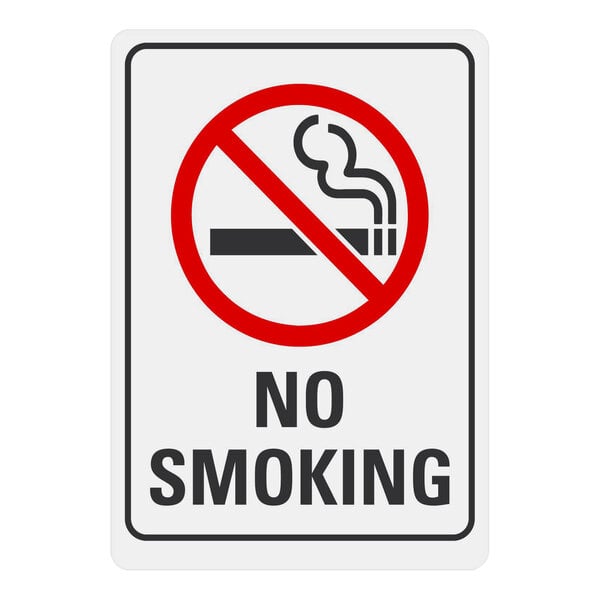 A white rectangular label with a red circle and black and white text reading "No Smoking" with a black no-smoking symbol.