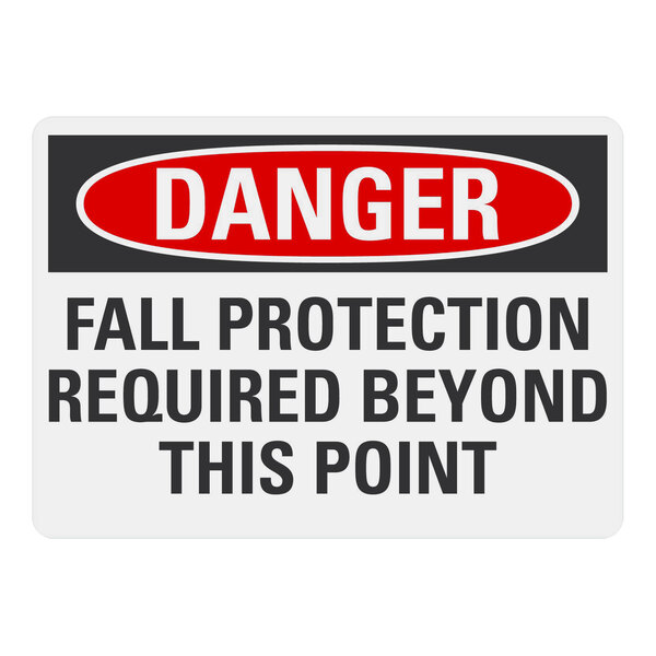 A white rectangular Lavex safety label with black text that says "Danger Fall Protection Required Beyond This Point"