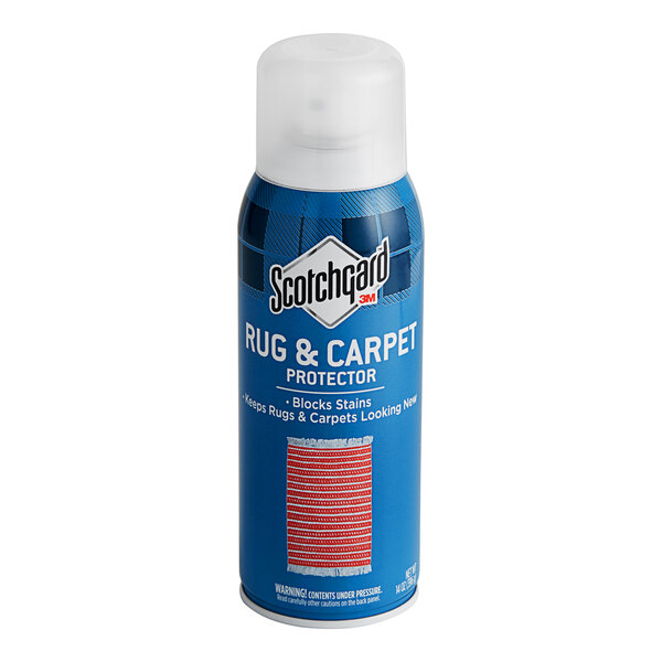 A blue can of 3M Scotchgard™ Rug and Carpet Protector with white text.