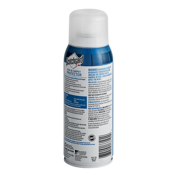 A blue and white can of 3M Scotchgard Rug and Carpet Protector spray.