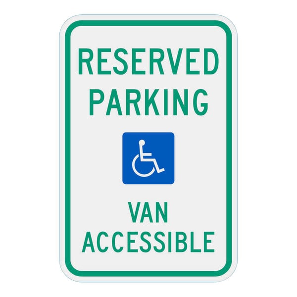 A blue and white Lavex Engineer-Grade Reflective Aluminum "Reserved Parking / Van Accessible" safety sign with wheelchair symbols.