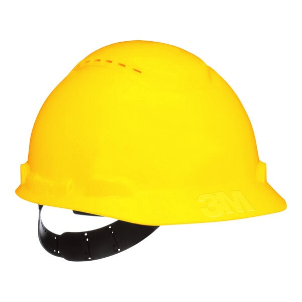 A yellow 3M hard hat with a black strap and vented cap.