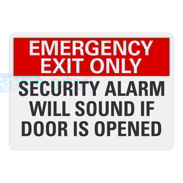 A Lavex aluminum safety sign for emergency exits with text that reads "Emergency Exit Only / Security Alarm Will Sound If Door Is Opened"