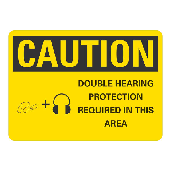 A yellow and black rectangular safety label that reads "Caution Double Hearing Protection Required In This Area"