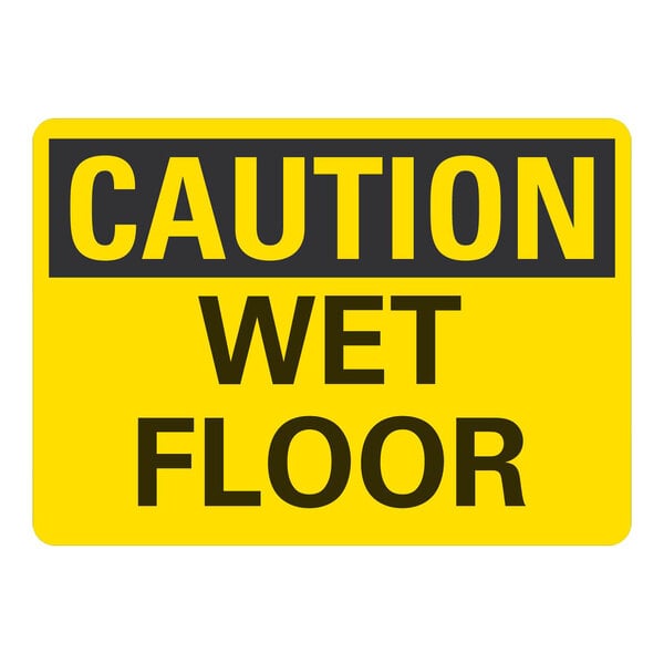A yellow Lavex "Caution / Wet Floor" safety label with black text on a white background.