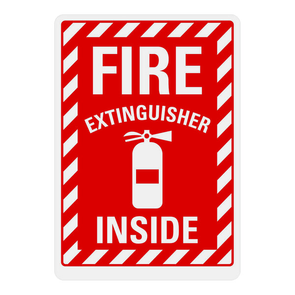 A white rectangular sign with red and white text that reads "Fire Extinguisher Inside"