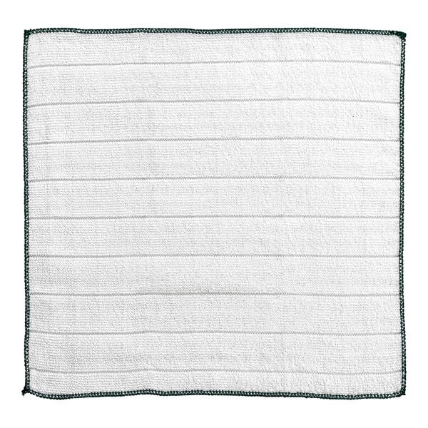 A white microfiber kitchen cloth with green trim.