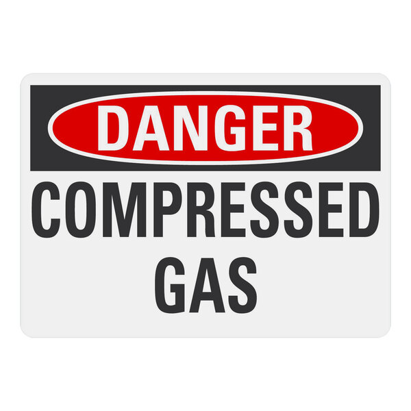 A white rectangular aluminum sign with black and red text reading "Danger / Compressed Gas" in a black rectangle with a black border.