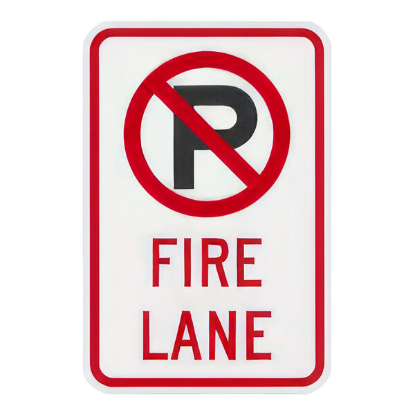 A white rectangular aluminum sign with a red border and text that says "Fire Lane" in black.