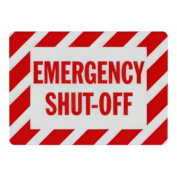 A white rectangular sign with red and white stripes and text reading "Emergency Shut-Off" in red.