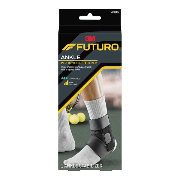 A white box with the 3M Futuro Adjustable Ankle Performance Stabilizer on it.