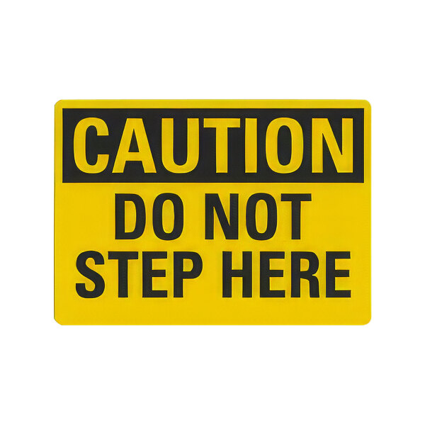 A yellow and black Lavex aluminum safety sign that says "Caution / Do Not Step Here"