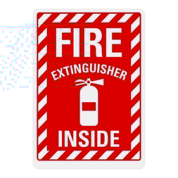A white rectangular sign with red and white text that says "Fire Extinguisher Inside"
