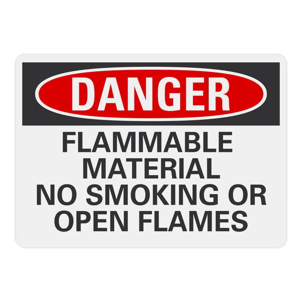 A Lavex plastic safety sign with black text on a red background that says "Danger Flammable Material No Smoking Or Open Flames"