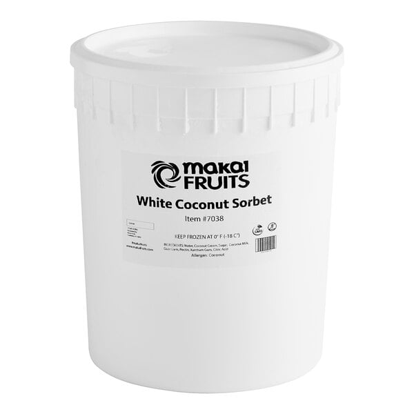 A white Makai bucket with a white lid and black text that reads "Coconut Sorbet"