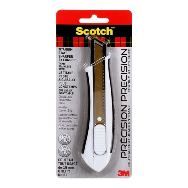 A 3M Scotch Retractable Snap-Blade Utility Knife with 1 Snap-Off Blade in a package.