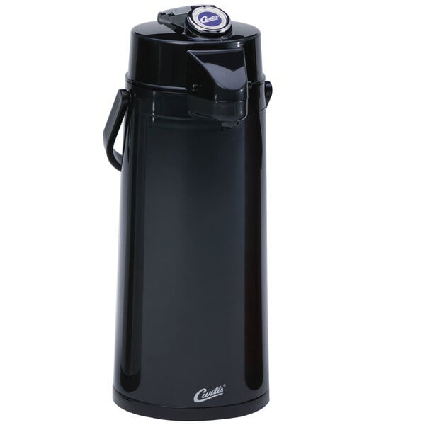 A black Curtis glass lined airpot with a lid.