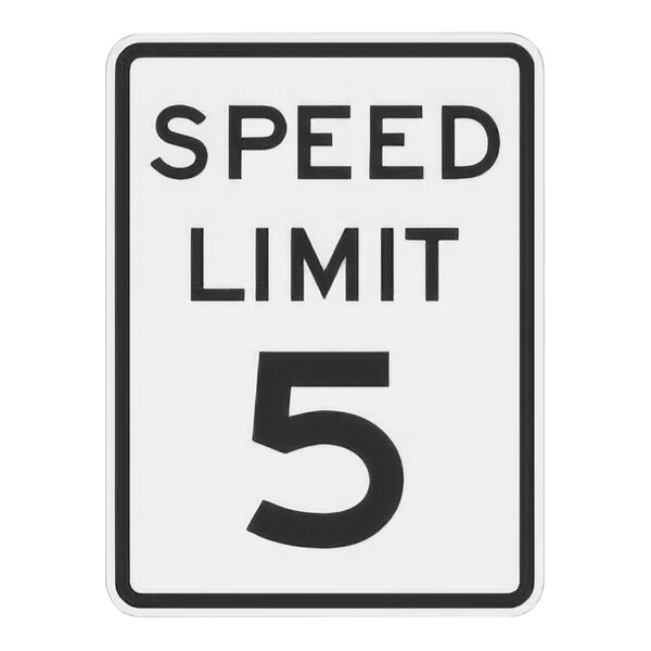 A white and black Lavex aluminum speed limit sign with the number 5 in black.