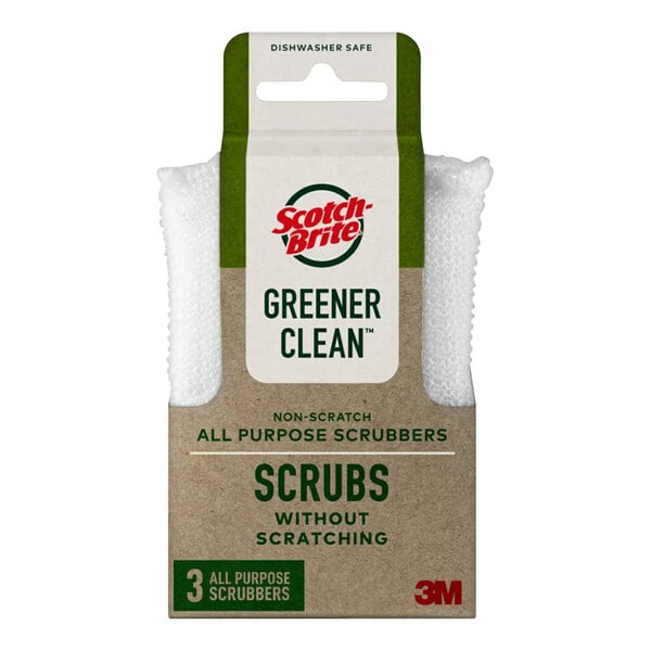 A white box of 3M Scotch-Brite Greener Clean non-scratch scrubbers with a green and yellow logo.