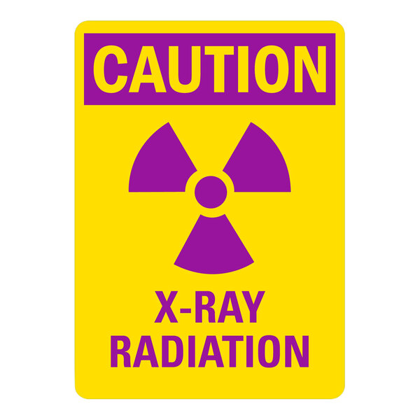A yellow sign with purple letters that says "Caution / X-Ray Radiation" on it.