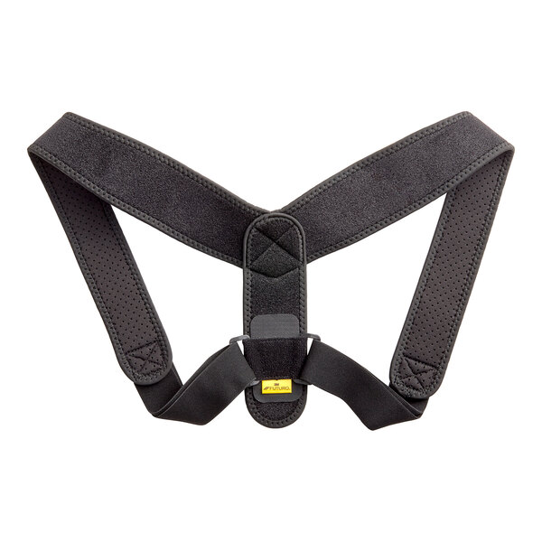 A black 3M Futuro posture corrector strap with a yellow logo.