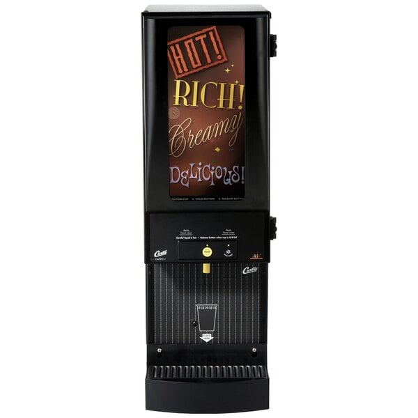 A black Curtis Cafe Series cappuccino machine with a sign that says "Rich Chocolate" on it.
