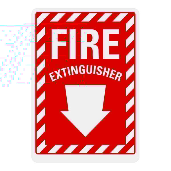 A red and white rectangular adhesive vinyl sign with white text reading "Fire Extinguisher" and a white arrow pointing down.