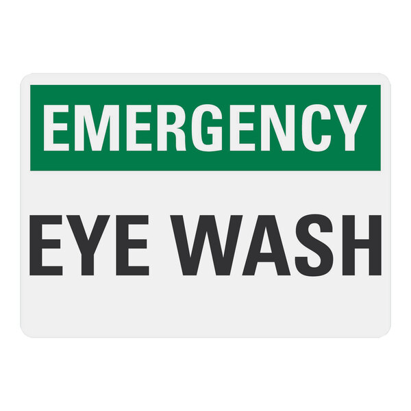 A white rectangular sign with the words "Emergency / Eye Wash" in white and black letters on a green background.