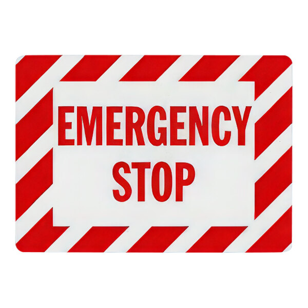 A red and white rectangular safety label with "Emergency Stop" in white text.