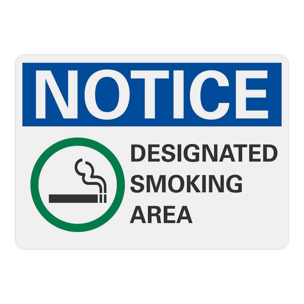 A white rectangular sign with a green circle and black and white text that says "Notice / Designated Smoking Area" and includes a cigarette and smoke symbol.