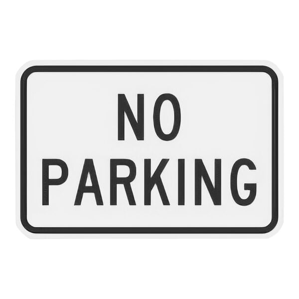 A white Lavex sign with black text reading "No Parking" in black.