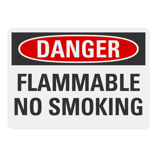 A Lavex plastic safety sign with black text on a white background that says "Danger Flammable No Smoking" with red circles.