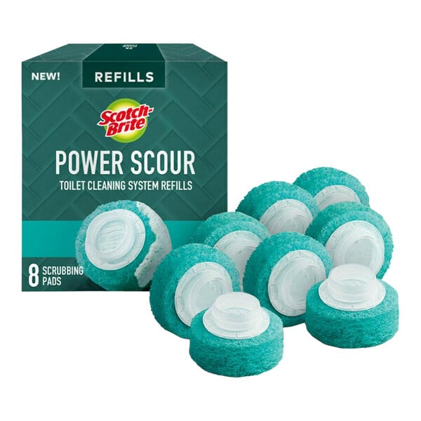 A box of blue and white 3M Scotch-Brite Power Scour scrubbing pads.