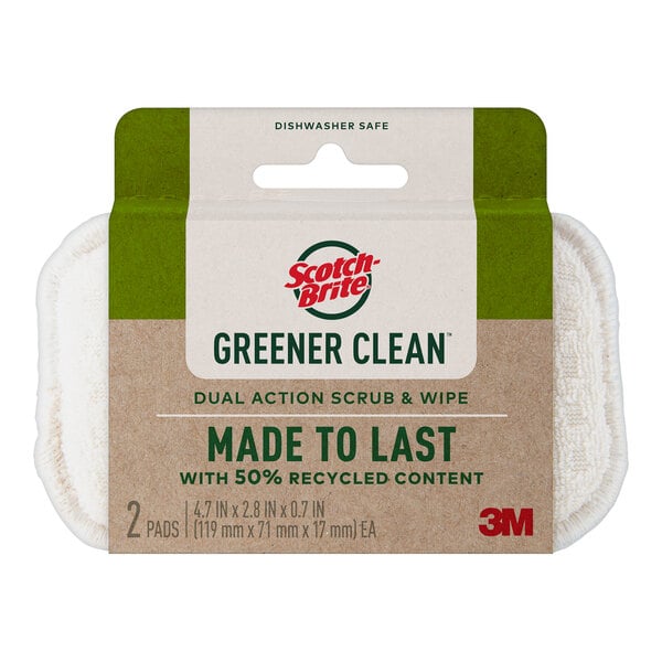 A package of 2 green 3M Scotch-Brite Greener Clean dual action scrub and wipe pads.