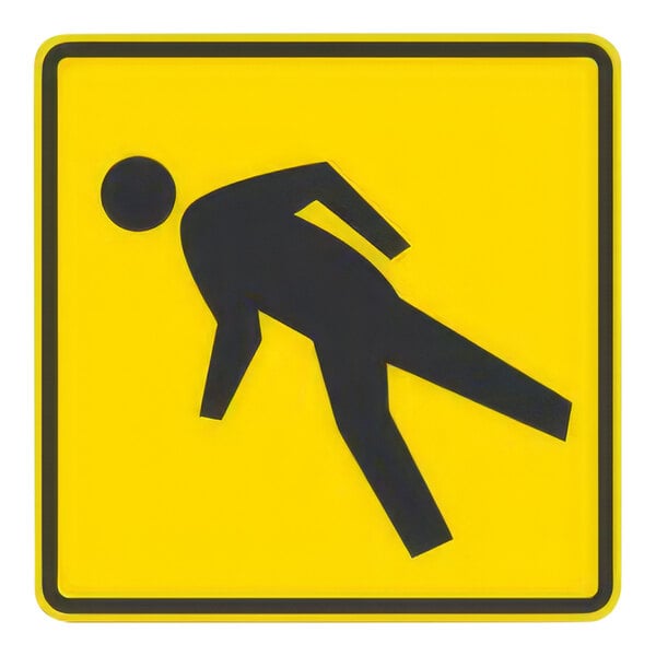 A yellow sign with a black figure of a person on it.