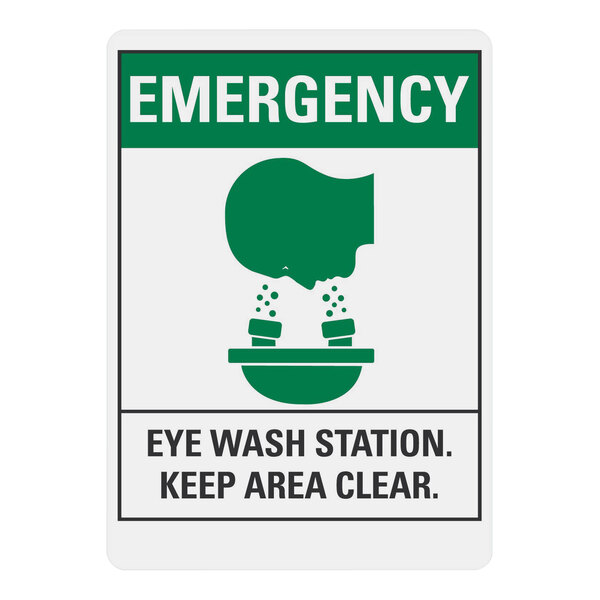 A white rectangular sign with green and white text and symbols for an emergency eye wash station.