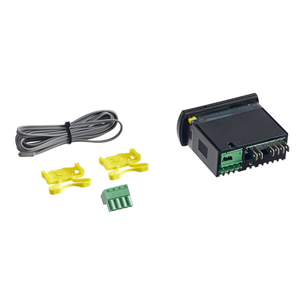 A black MainStreet Equipment Carel controller with yellow and green connectors and wires.