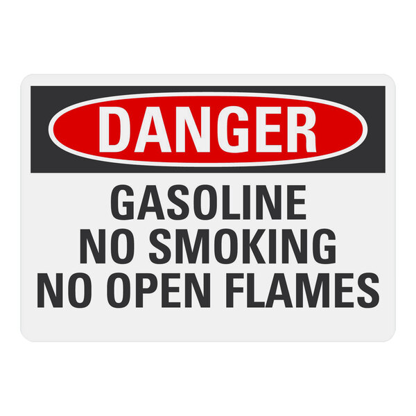 A white Lavex plastic safety sign with the text "Danger Gasoline No Smoking No Open Flames" in black.