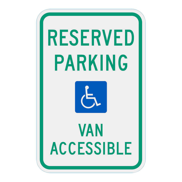 A blue and white rectangular Lavex sign that says "Reserved Parking / Van Accessible" with white symbols for a wheelchair and a person.