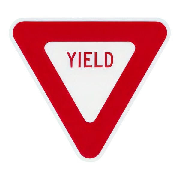 A white rectangular aluminum sign with "Yield" in red and white in a red and white triangular shape.