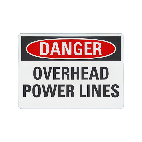 A white Lavex aluminum safety sign with black text that says "Danger Overhead Power Lines"