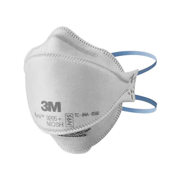 A white 3M N95 face mask with blue straps.