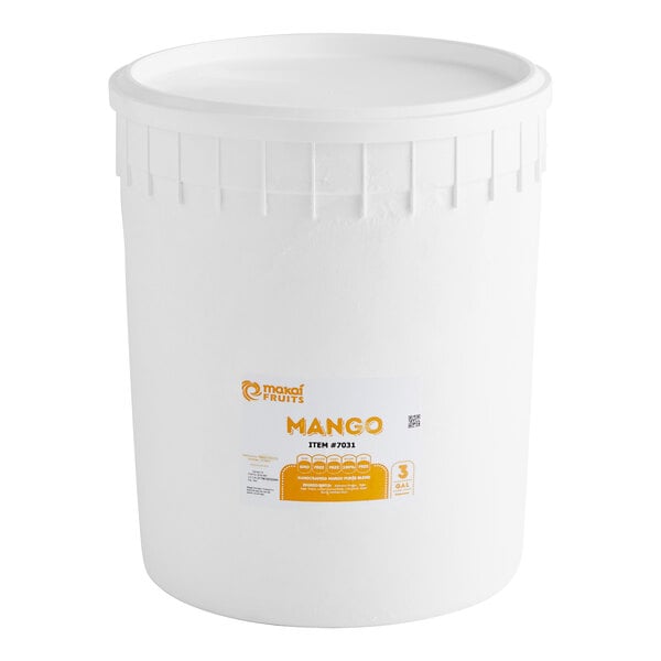 A white bucket with a white lid labeled "Makai Mango Sorbet"