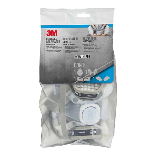 A bag of 3M Disposable Solvent and Chemical Respirators on a white background.