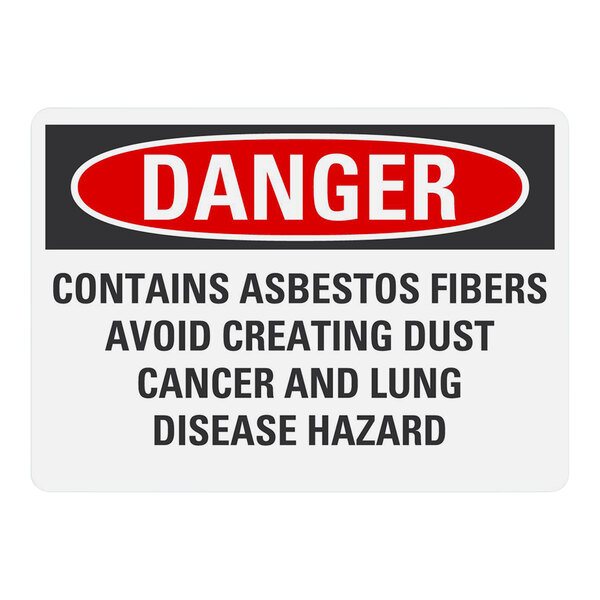 A white Lavex safety label with black text that says "Danger / Contains Asbestos Fibers / Avoid Creating Dust / Cancer And Lung Disease Hazard."