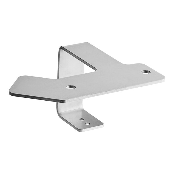 A stainless steel bracket with holes.