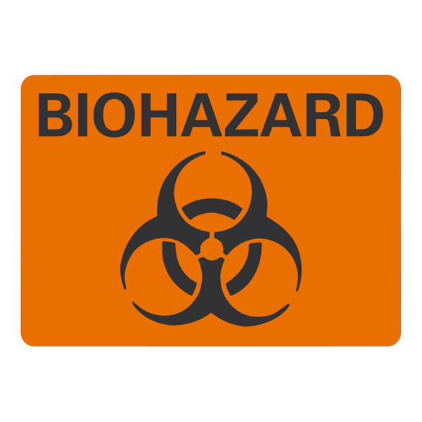 A white adhesive label with a black biohazard symbol and orange background.