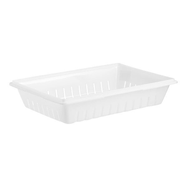 A white polyethylene food box drain tray with a handle and holes.