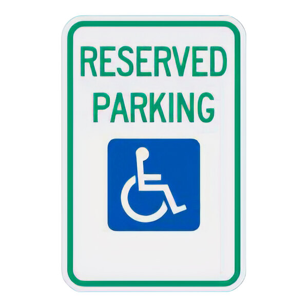 A white reflective aluminum parking sign with green text reading "Reserved Parking" and a wheelchair symbol.