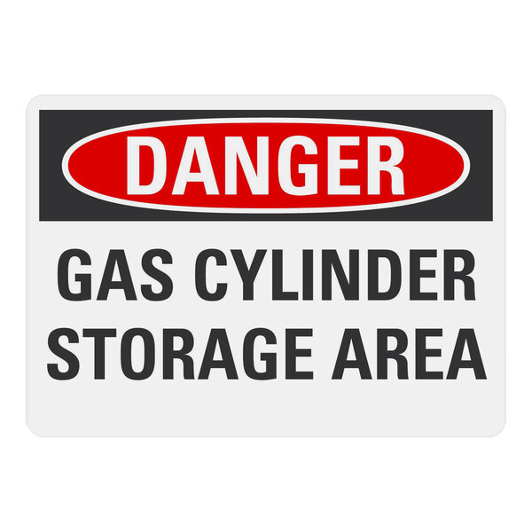 A white rectangular aluminum sign reading "Danger Gas Cylinder Storage Area"